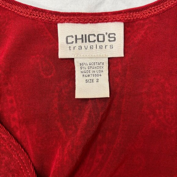 CHICOS Travelers Sz 2 Paisley Scoop Neck Textured Tank Red Stretch - Picture 3 of 4